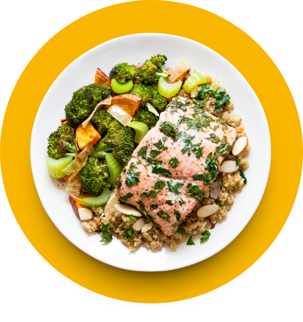 Baked lemon salmon with quinoa and roasted vegetables.